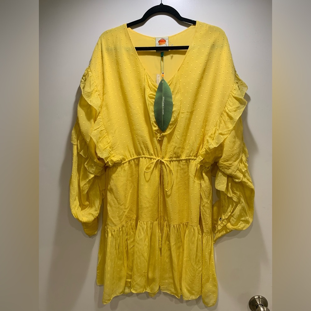 NEW FARM Rio Yellow Ruffle Mini Dress Sz Large - Picture 2 of 6